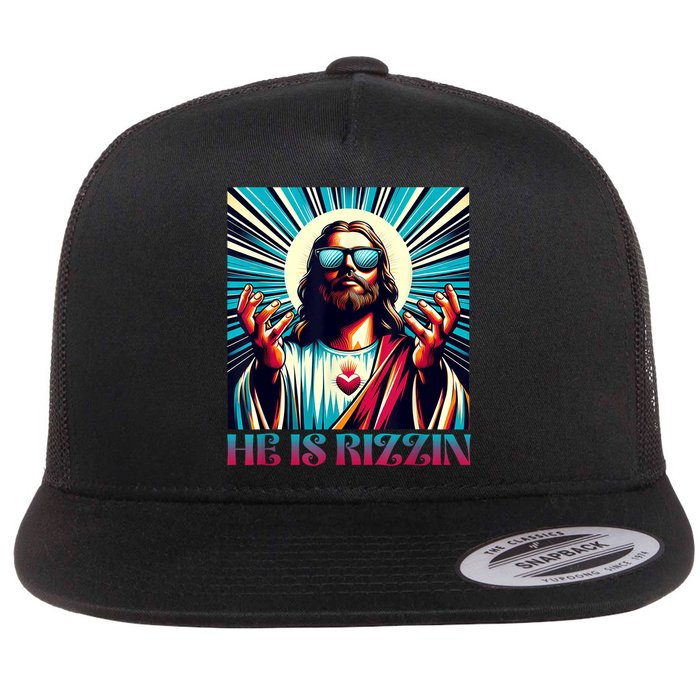 He Is Rizzin Happy Easter Day Jesus Is Risen Flat Bill Trucker Hat