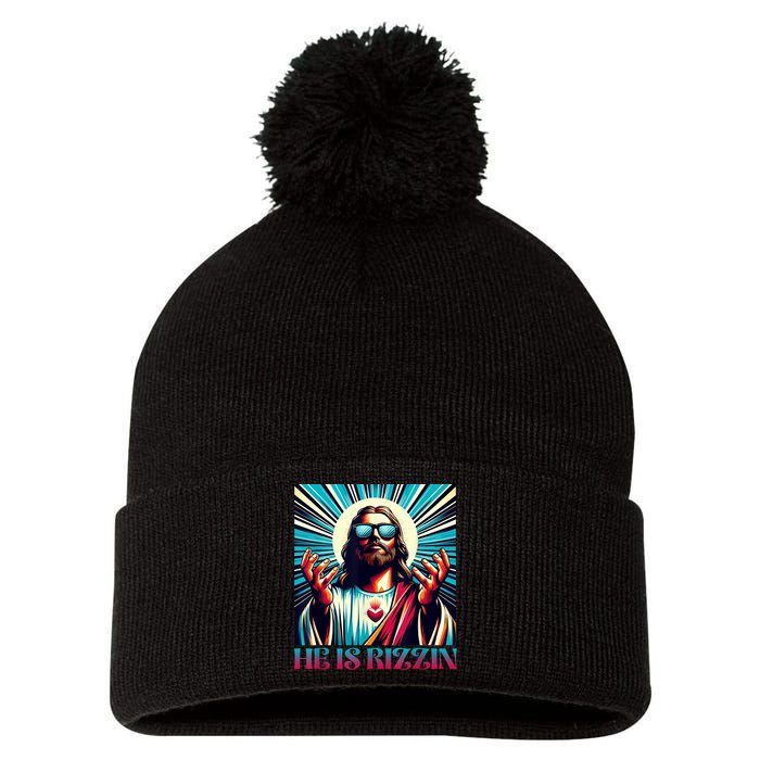 He Is Rizzin Happy Easter Day Jesus Is Risen Pom Pom 12in Knit Beanie