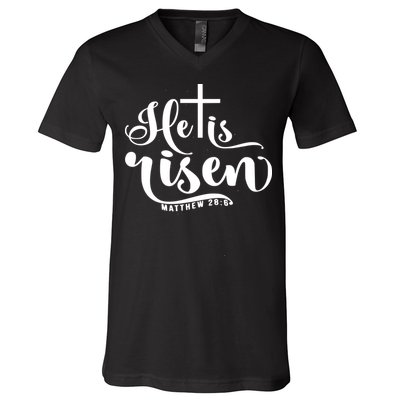 He Is Risen Matthew 28:6 Easter Cross V-Neck T-Shirt