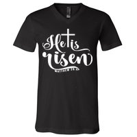 He Is Risen Matthew 28:6 Easter Cross V-Neck T-Shirt