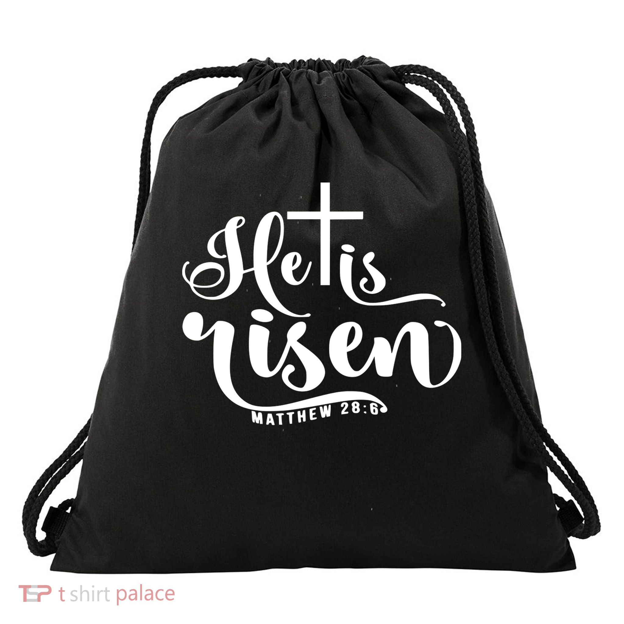 He Is Risen Matthew 28:6 Easter Cross Drawstring Bag