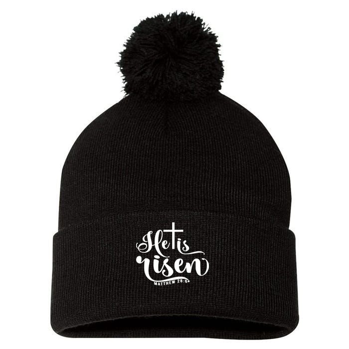 He Is Risen Matthew 28:6 Easter Cross Pom Pom 12in Knit Beanie