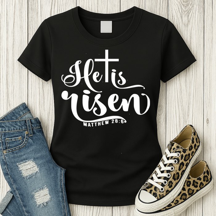 He Is Risen Matthew 28:6 Easter Cross Womens T-Shirt