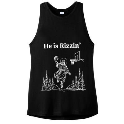 He Is Rizzin Funny Basketball Retro Christian Religious Ladies PosiCharge Tri-Blend Wicking Tank