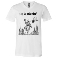 He Is Rizzin Funny Basketball Retro Christian Religious V-Neck T-Shirt