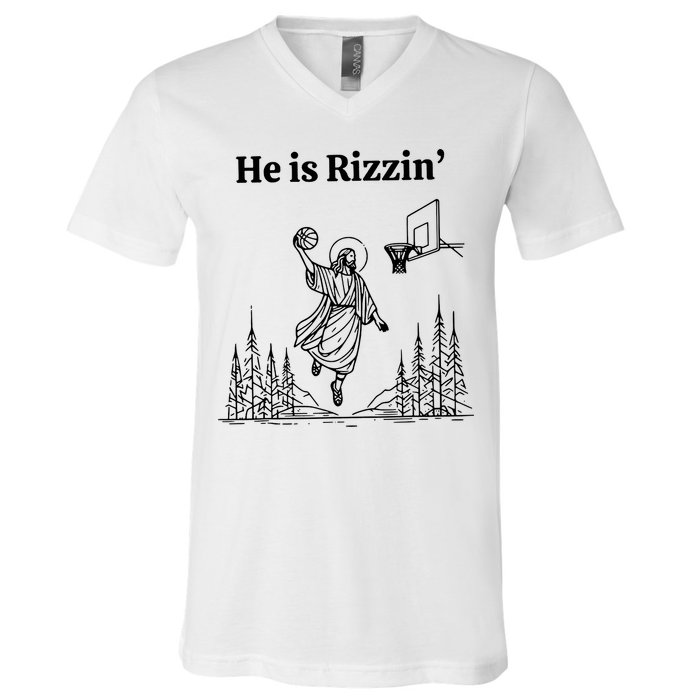 He Is Rizzin Funny Basketball Retro Christian Religious V-Neck T-Shirt