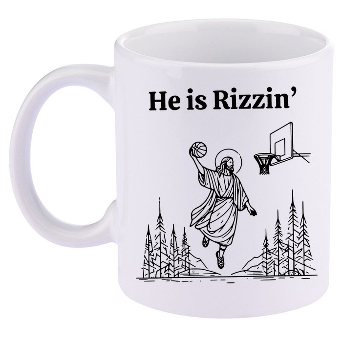 He Is Rizzin Funny Basketball Retro Christian Religious 11oz C Handle Ceramic Mug