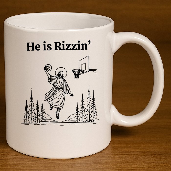 He Is Rizzin Funny Basketball Retro Christian Religious 11oz C Handle Ceramic Mug