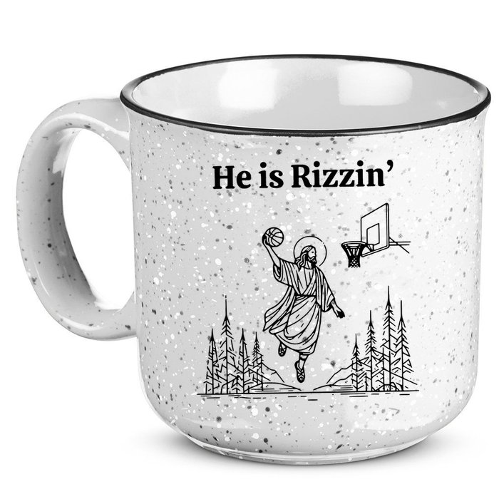 He Is Rizzin Funny Basketball Retro Christian Religious 15oz Campfire Ceramic Mug