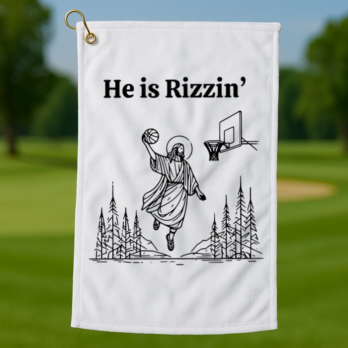 He Is Rizzin Funny Basketball Retro Christian Religious Golf Towel