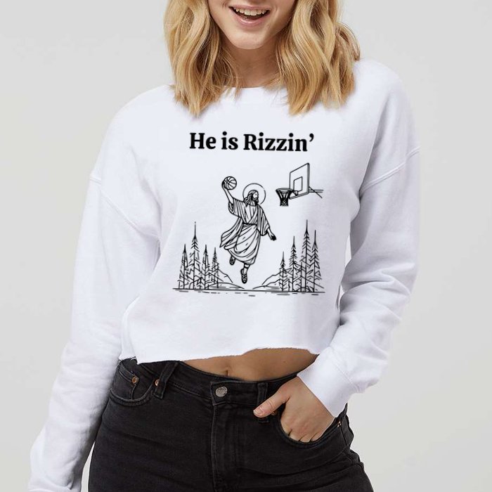 He Is Rizzin Funny Basketball Retro Christian Religious Cropped Pullover Crew