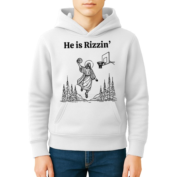 He Is Rizzin Funny Basketball Retro Christian Religious Kids Hoodie