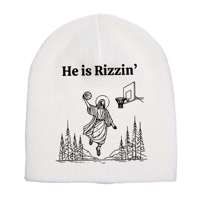 He Is Rizzin Funny Basketball Retro Christian Religious Short Acrylic Beanie