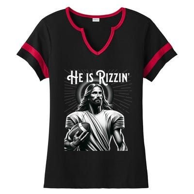 He Is Rizzin Jesus Playing Football Funny Sports Rizz Ladies Halftime Notch Neck Tee