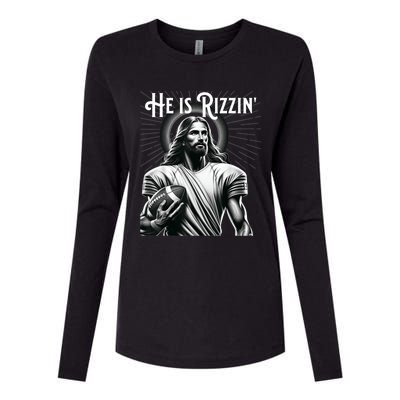 He Is Rizzin Jesus Playing Football Funny Sports Rizz Womens Cotton Relaxed Long Sleeve T-Shirt