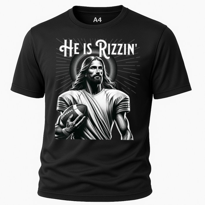 He Is Rizzin Jesus Playing Football Funny Sports Rizz Cooling Performance Crew T-Shirt