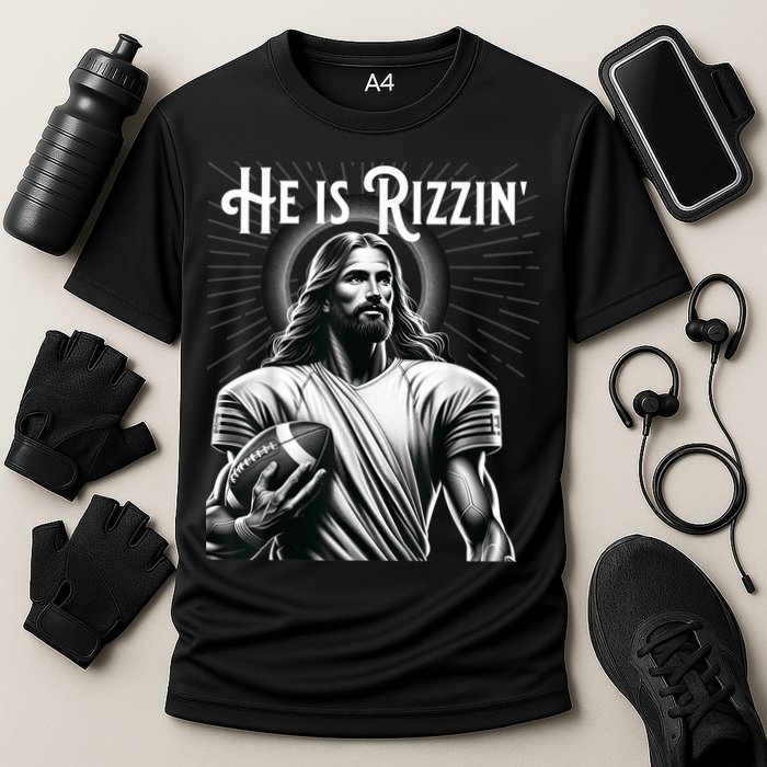 He Is Rizzin Jesus Playing Football Funny Sports Rizz Cooling Performance Crew T-Shirt