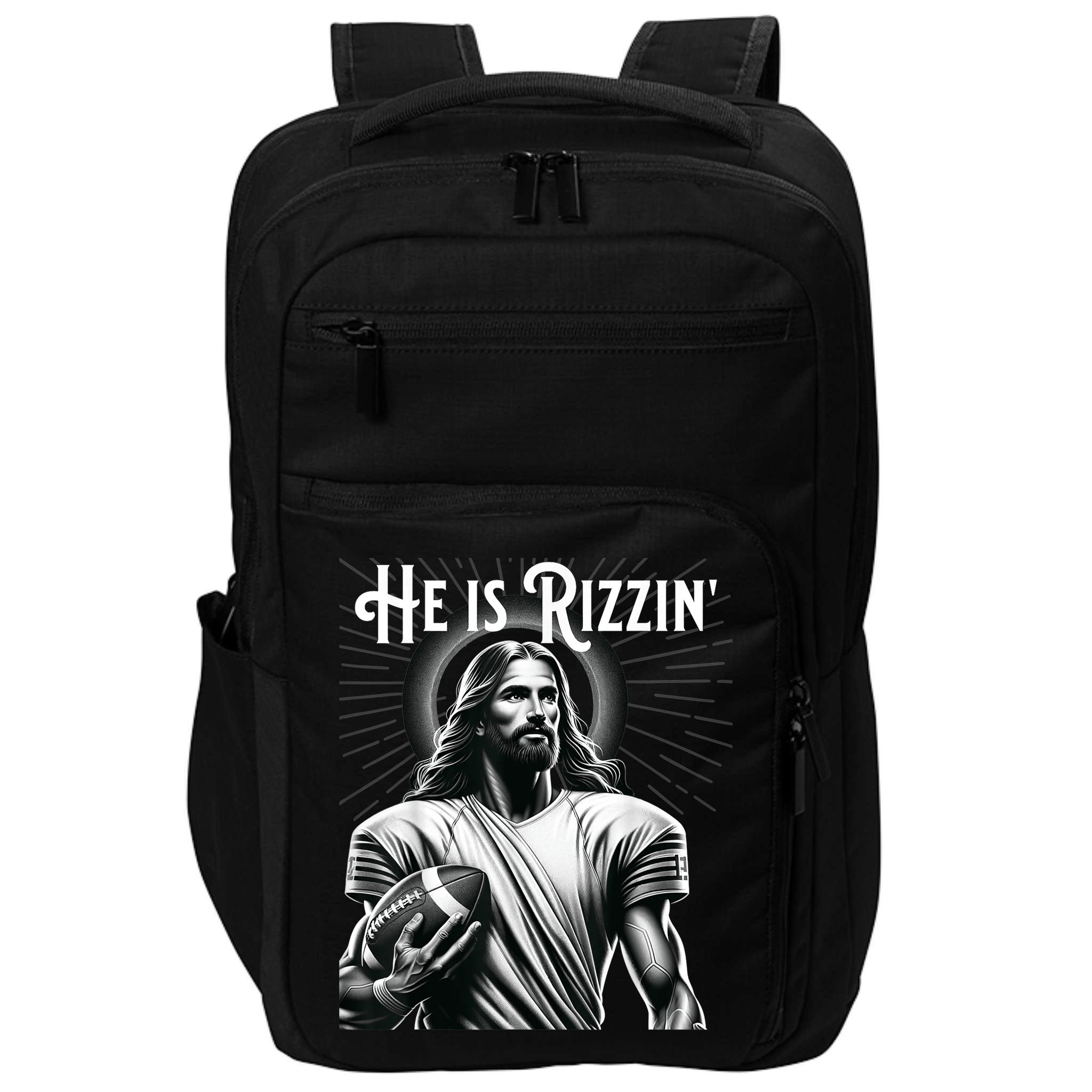 He Is Rizzin Jesus Playing Football Funny Sports Rizz Impact Tech Backpack