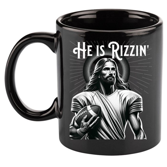He Is Rizzin Jesus Playing Football Funny Sports Rizz 11oz C Handle Ceramic Mug