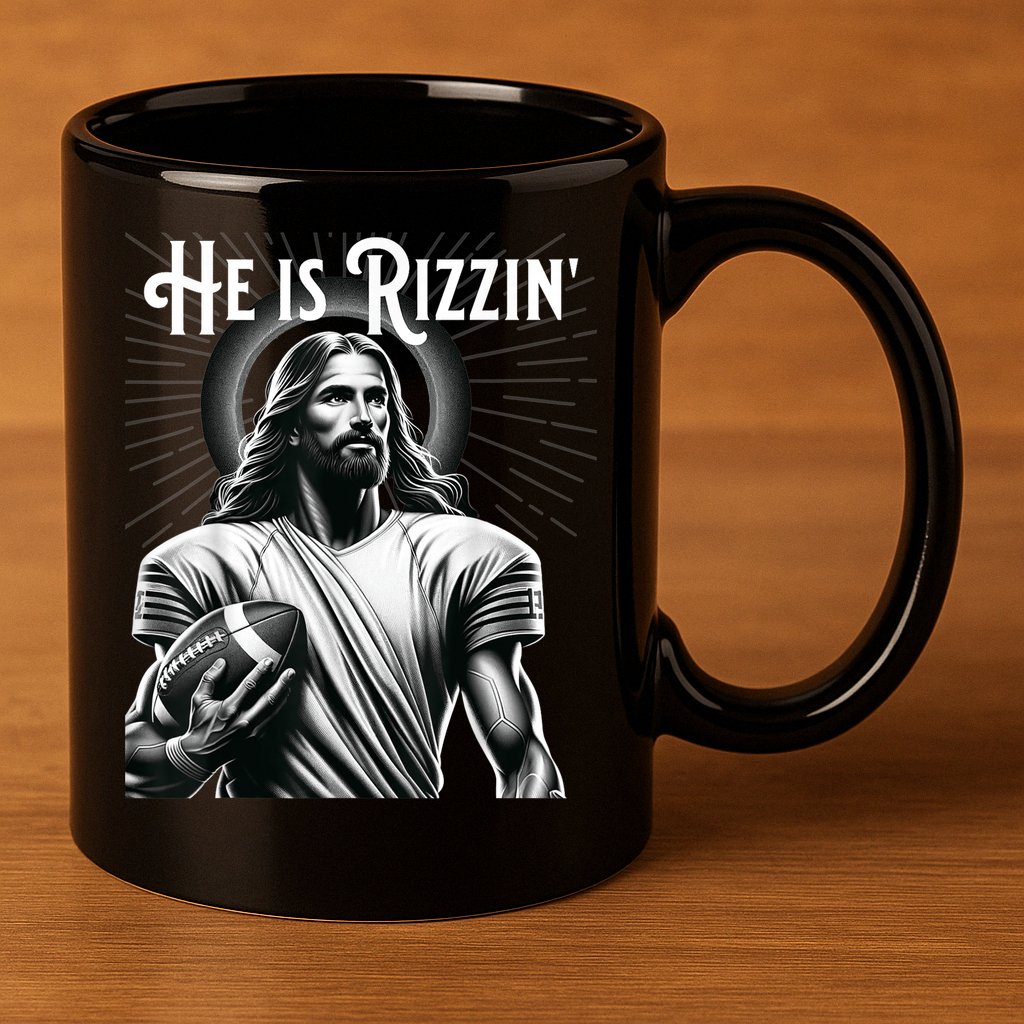 He Is Rizzin Jesus Playing Football Funny Sports Rizz 11oz C Handle Ceramic Mug