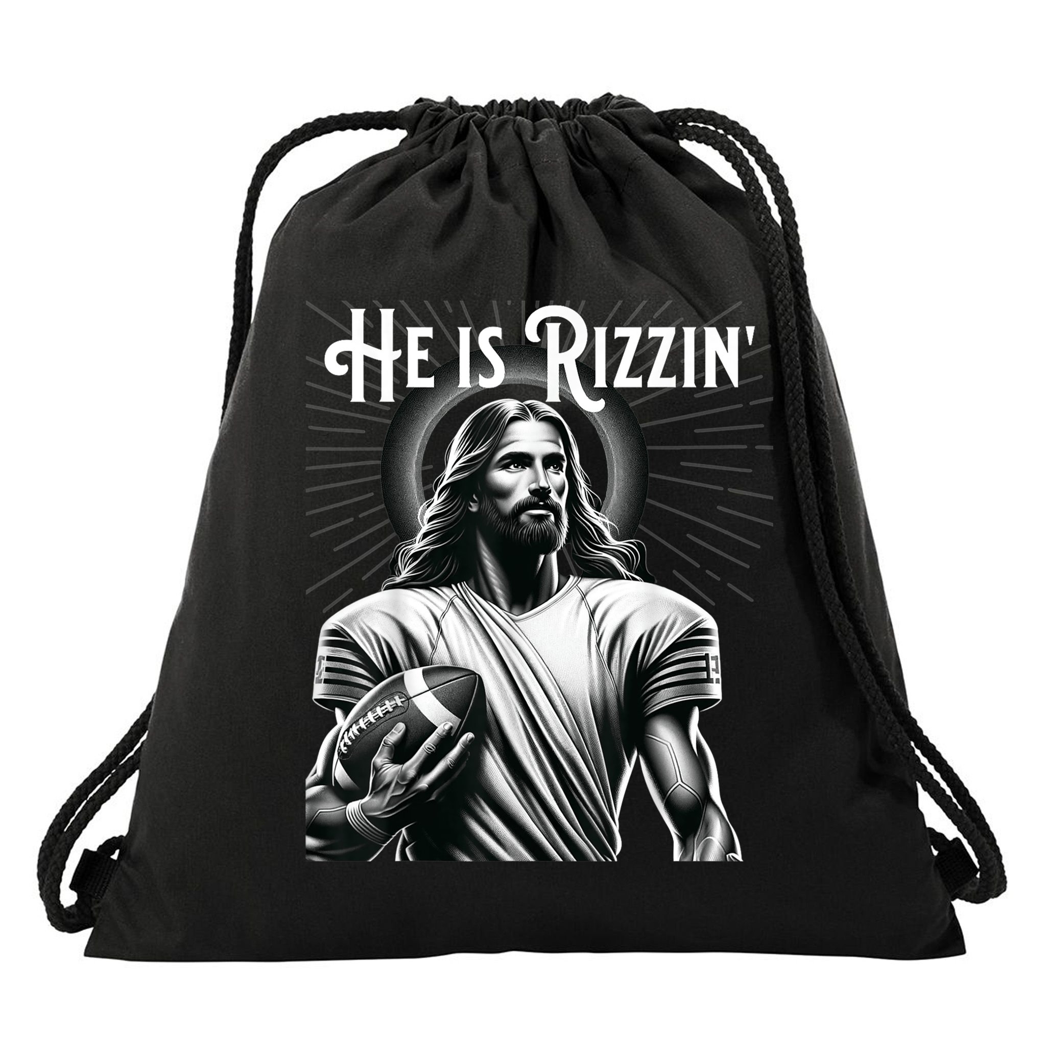 He Is Rizzin Jesus Playing Football Funny Sports Rizz Drawstring Bag