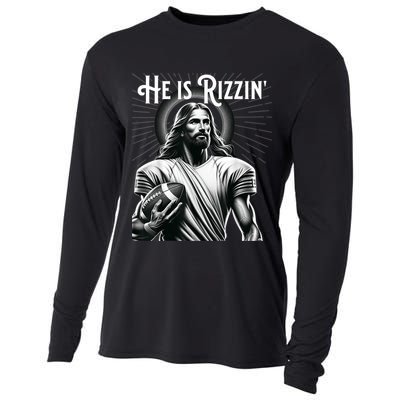 He Is Rizzin Jesus Playing Football Funny Sports Rizz Cooling Performance Long Sleeve Crew