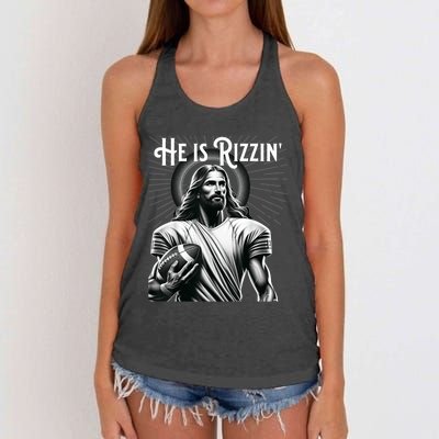 He Is Rizzin Jesus Playing Football Funny Sports Rizz Women's Knotted Racerback Tank