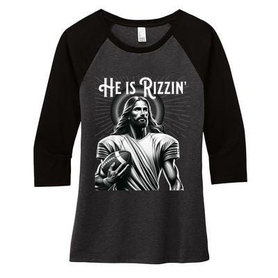 He Is Rizzin Jesus Playing Football Funny Sports Rizz Women's Tri-Blend 3/4-Sleeve Raglan Shirt