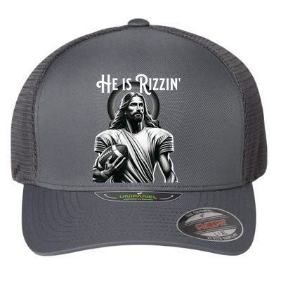 He Is Rizzin Jesus Playing Football Funny Sports Rizz Flexfit Unipanel Trucker Cap