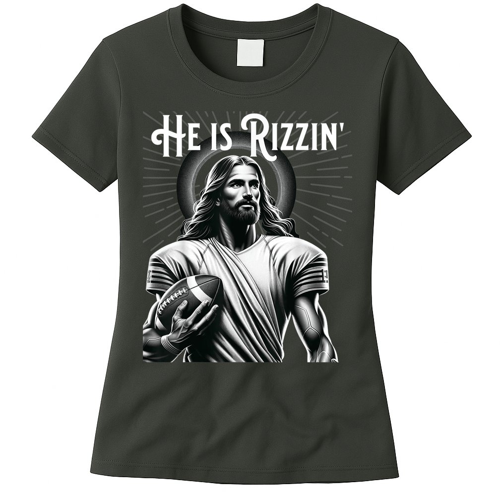 He Is Rizzin Jesus Playing Football Funny Sports Rizz Womens T-Shirt