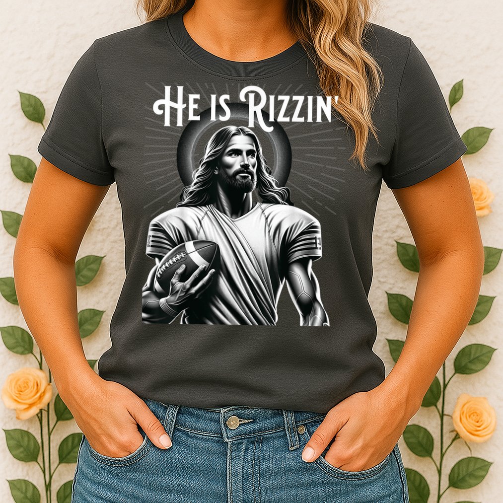 He Is Rizzin Jesus Playing Football Funny Sports Rizz Womens T-Shirt