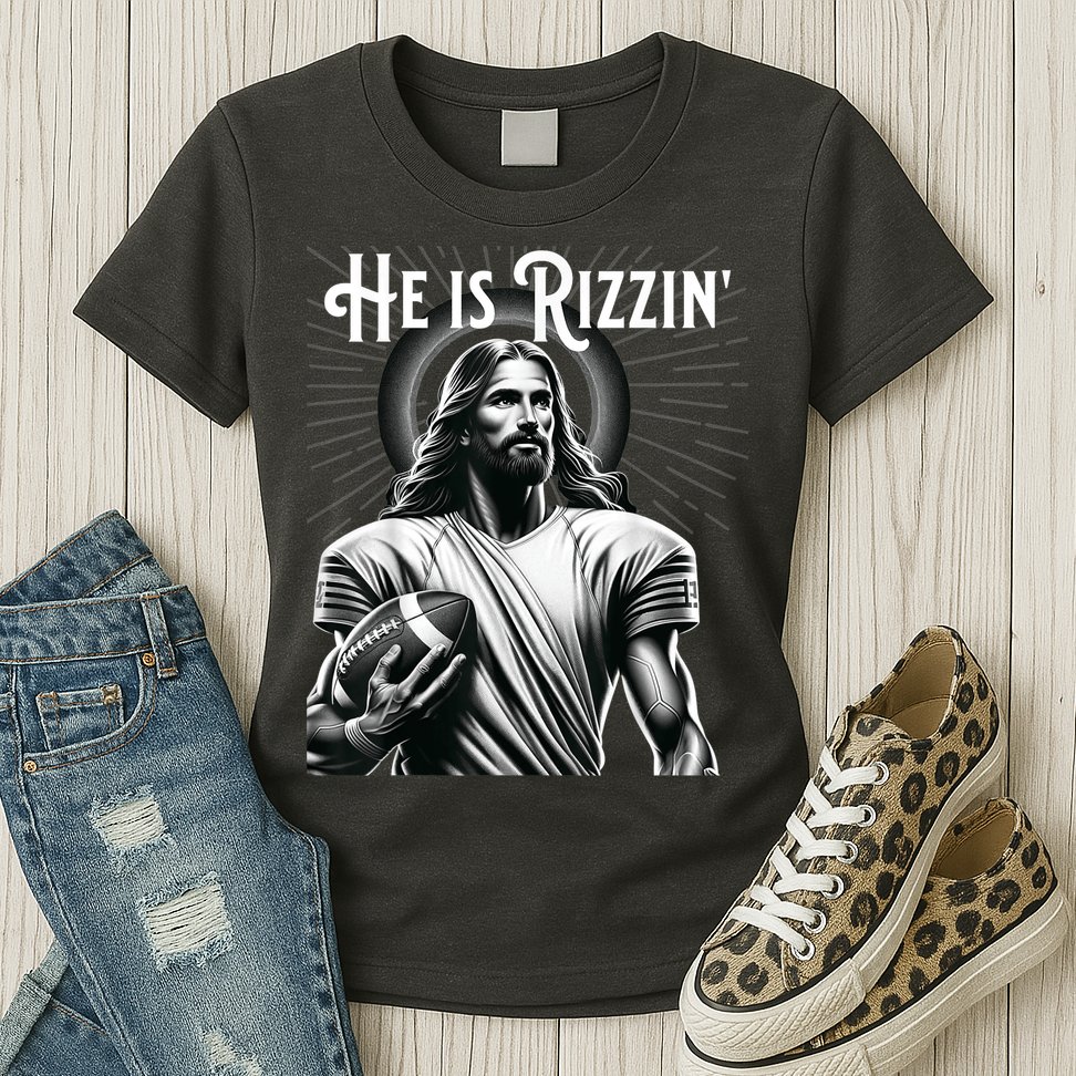 He Is Rizzin Jesus Playing Football Funny Sports Rizz Womens T-Shirt