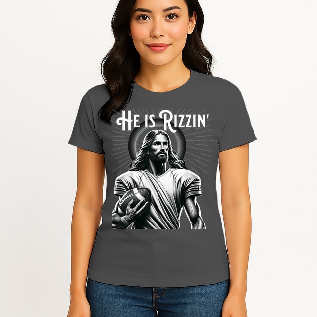 He Is Rizzin Jesus Playing Football Funny Sports Rizz Womens T-Shirt