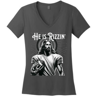 He Is Rizzin Jesus Playing Football Funny Sports Rizz Women's V-Neck T-Shirt