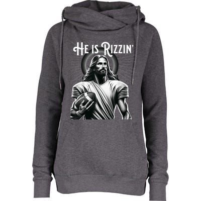 He Is Rizzin Jesus Playing Football Funny Sports Rizz Womens Funnel Neck Pullover Hood