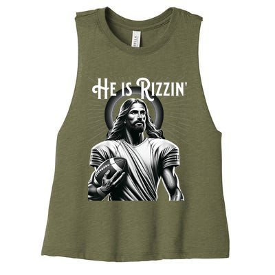 He Is Rizzin Jesus Playing Football Funny Sports Rizz Women's Racerback Cropped Tank