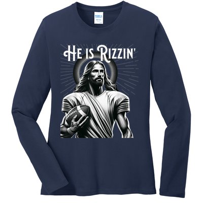 He Is Rizzin Jesus Playing Football Funny Sports Rizz Ladies Long Sleeve Shirt