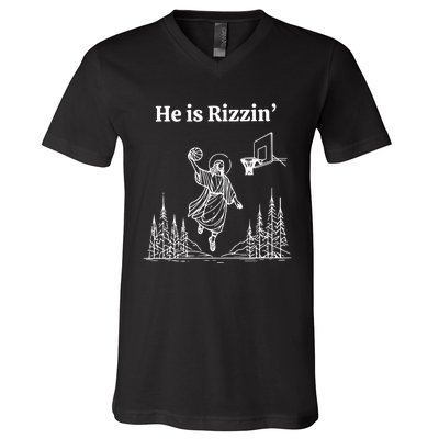 He Is Rizzin Funny Basketball Retro Christian Religious V-Neck T-Shirt