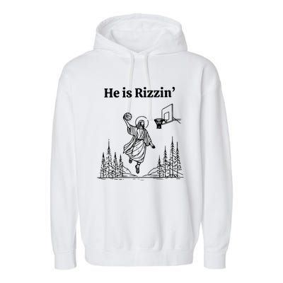 He Is Rizzin Funny Basketball Retro Christian Religious Garment-Dyed Fleece Hoodie