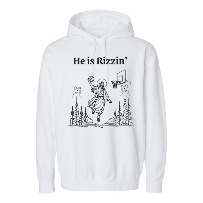 He Is Rizzin Funny Basketball Retro Christian Religious Garment-Dyed Fleece Hoodie
