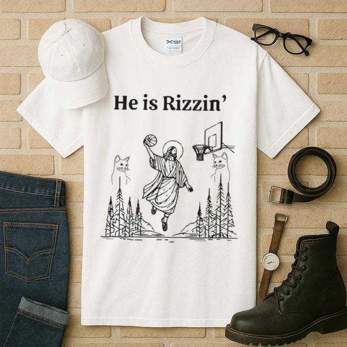 He Is Rizzin Funny Basketball Retro Christian Religious Tall T-Shirt