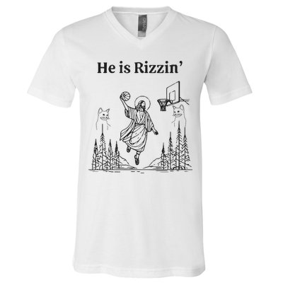 He Is Rizzin Funny Basketball Retro Christian Religious V-Neck T-Shirt