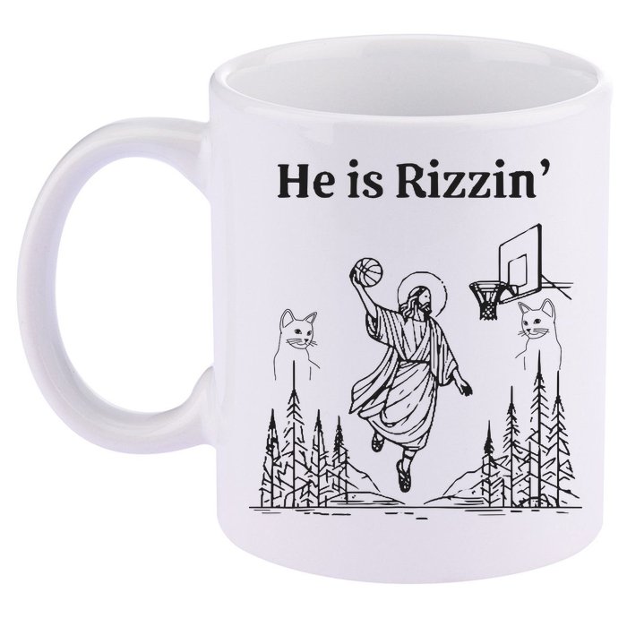 He Is Rizzin Funny Basketball Retro Christian Religious 11oz C Handle Ceramic Mug