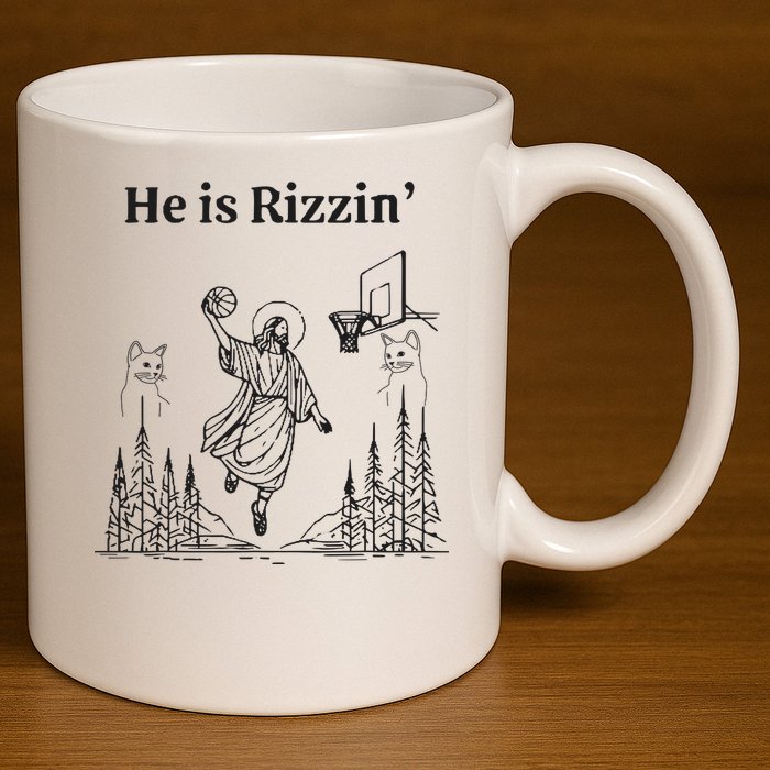 He Is Rizzin Funny Basketball Retro Christian Religious 11oz C Handle Ceramic Mug