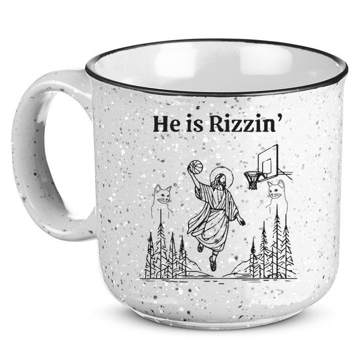 He Is Rizzin Funny Basketball Retro Christian Religious 15oz Campfire Ceramic Mug