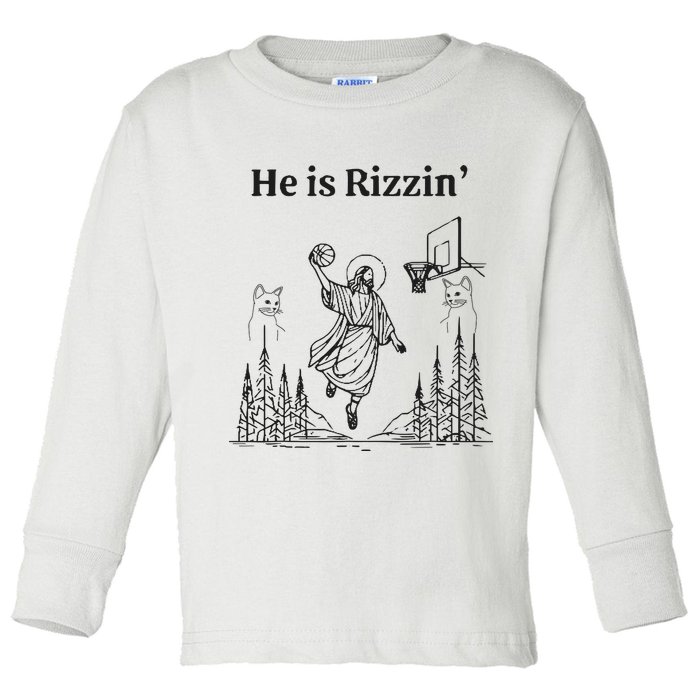 He Is Rizzin Funny Basketball Retro Christian Religious Toddler Long Sleeve Shirt