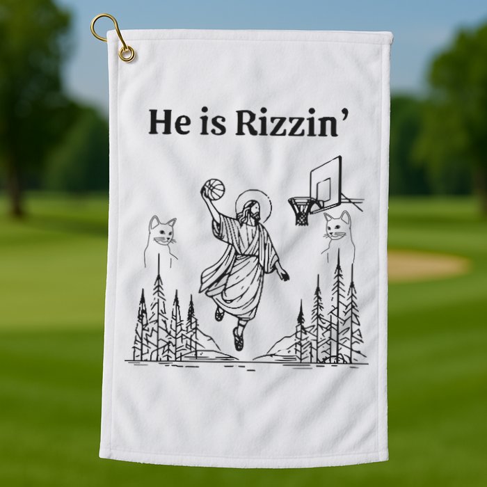 He Is Rizzin Funny Basketball Retro Christian Religious Golf Towel