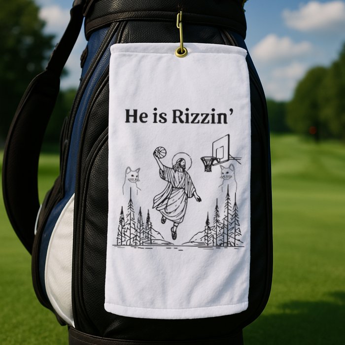 He Is Rizzin Funny Basketball Retro Christian Religious Golf Towel