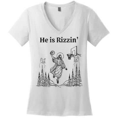 He Is Rizzin Funny Basketball Retro Christian Religious Women's V-Neck T-Shirt