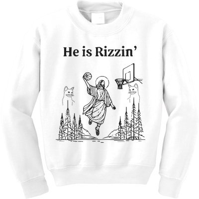 He Is Rizzin Funny Basketball Retro Christian Religious Kids Sweatshirt